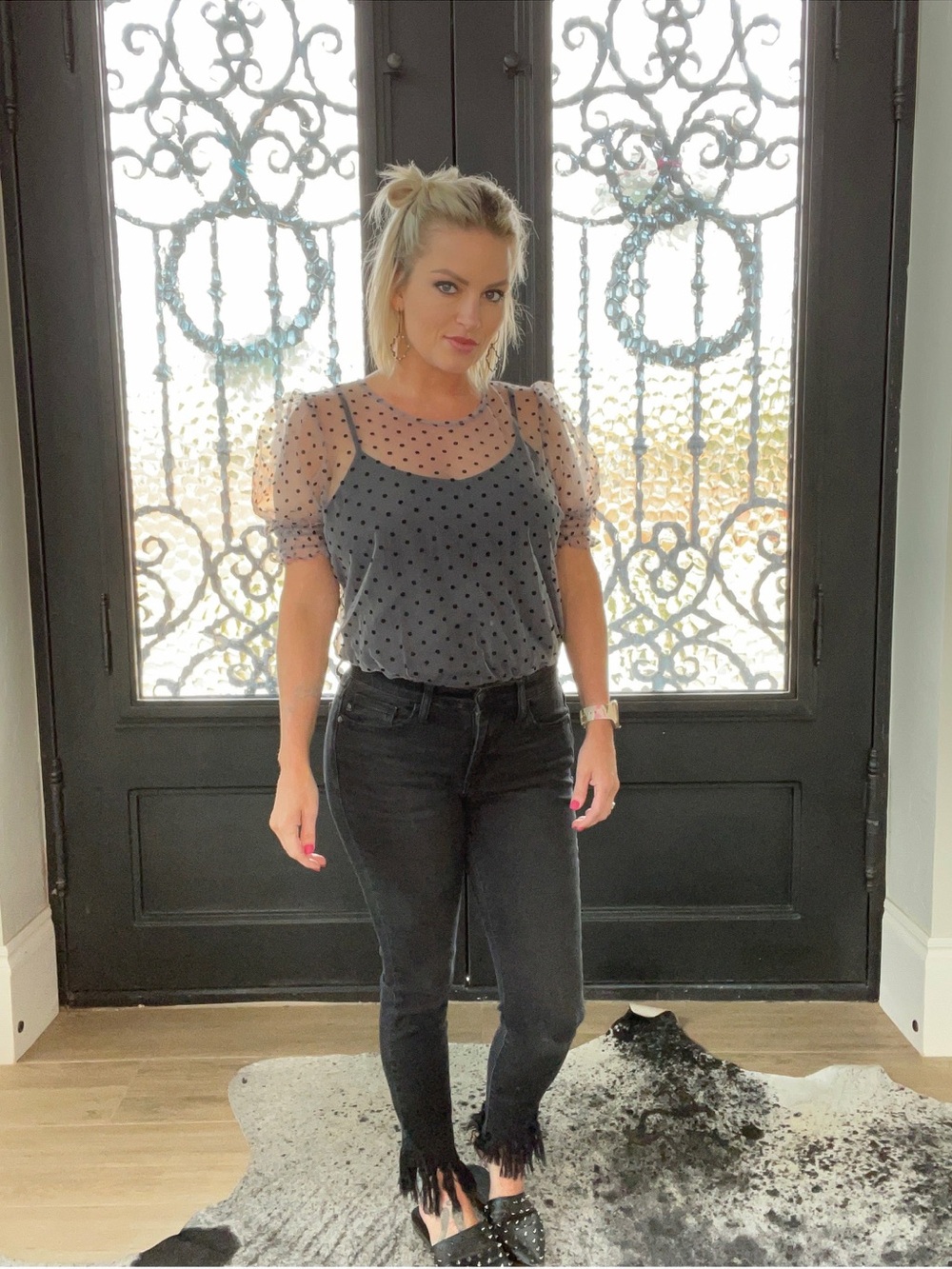 Sheer Polka Dot Puff Sleeve Top in Black